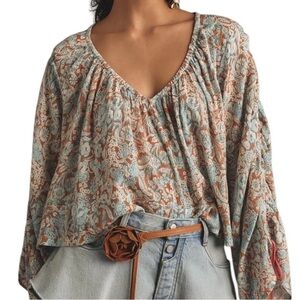 NWT ANTHROPOLOGIE Floral Print Long Sleeve Shirred Top Size Large Petite
